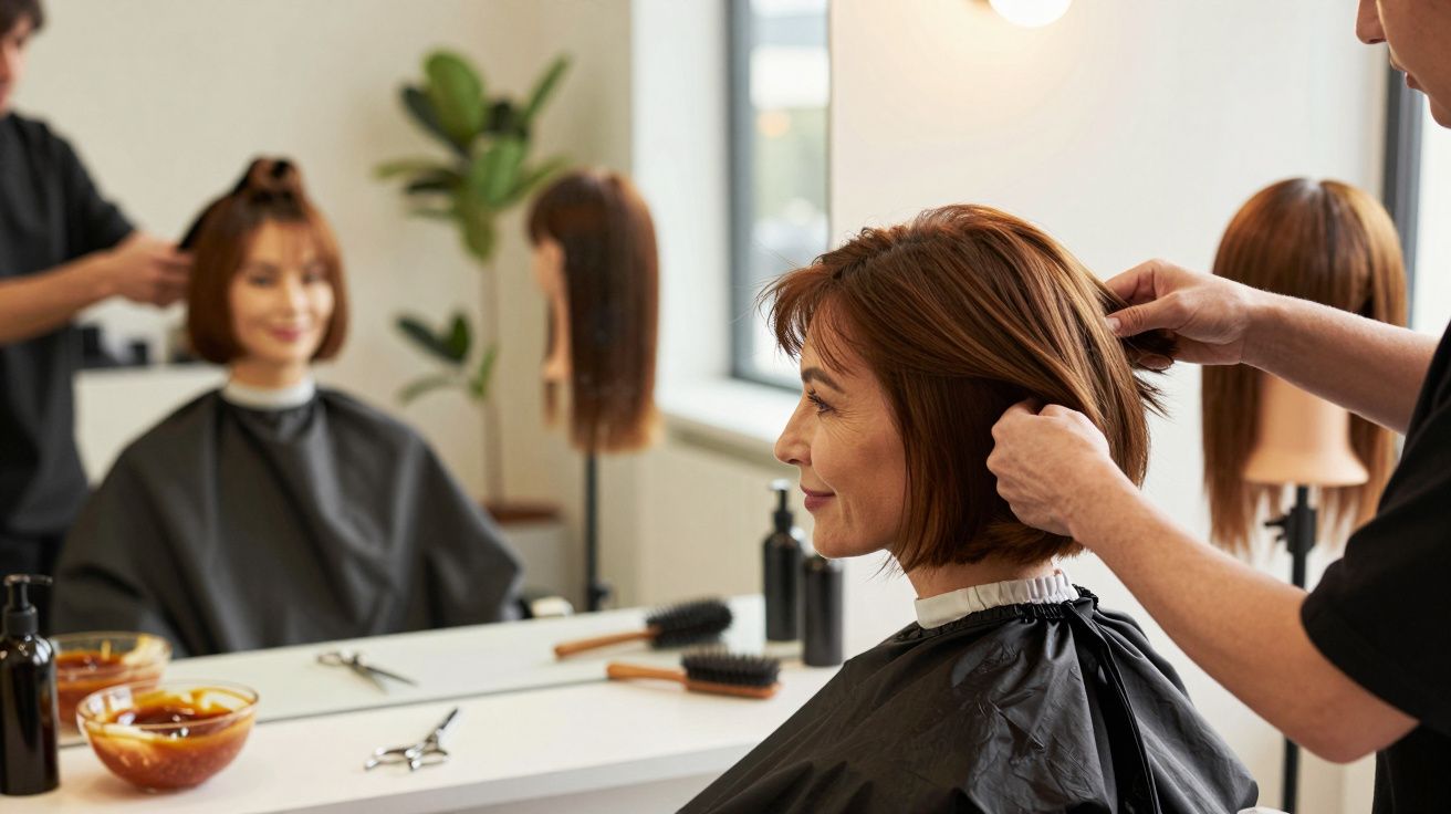 Mulher sorrindo enquanto cabeleireiro arranja o cabelo em salão, com espelho e plantas ao fundo.