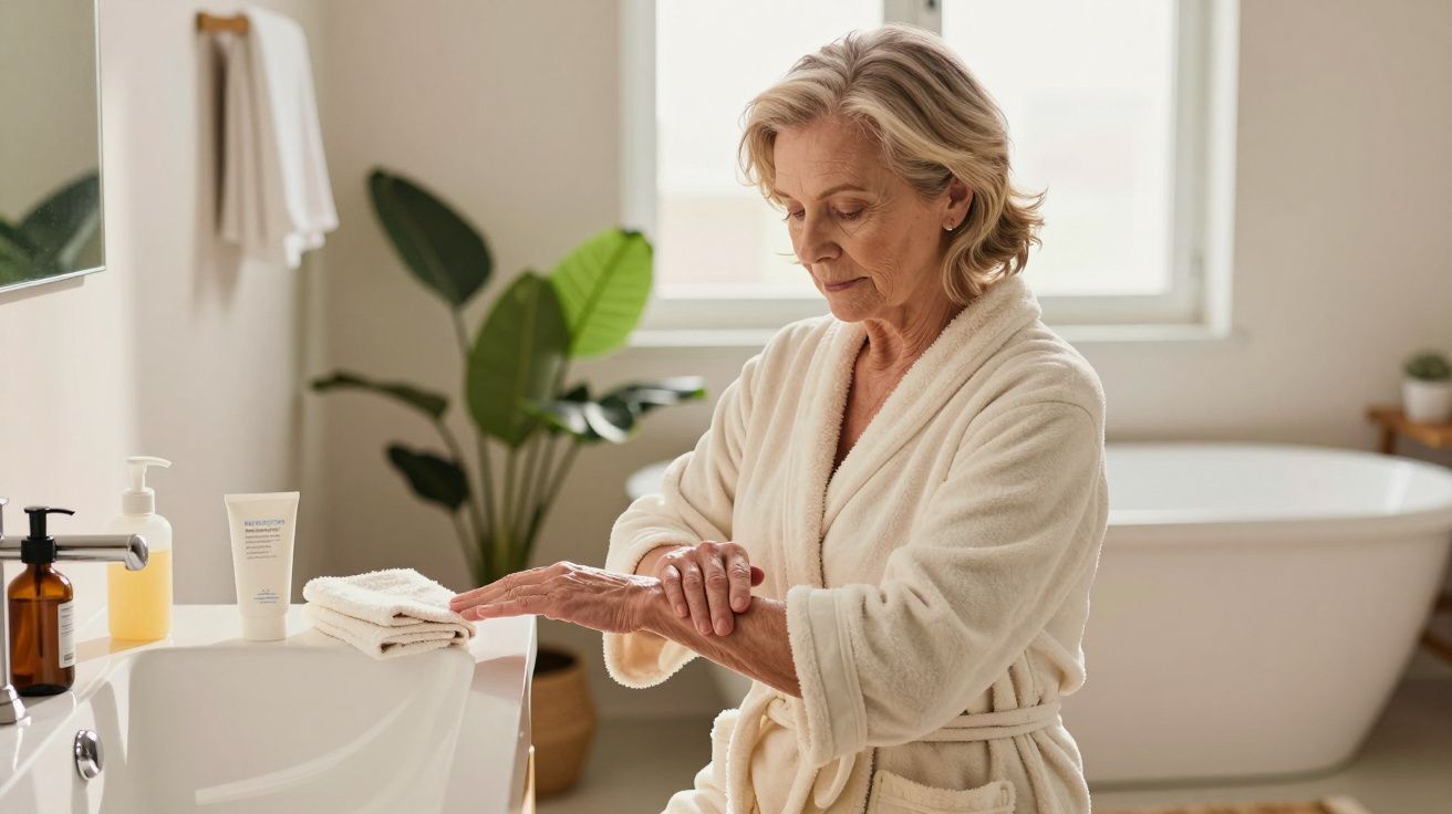 Mulher sênior em roupão aplicando creme nas mãos numa casa de banho iluminada, com plantas e banheira ao fundo.