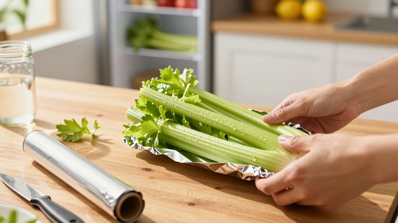 Mãos embrulham talos de aipo fresco em papel alumínio sobre mesa de cozinha, ao lado de faca e rolo de película.