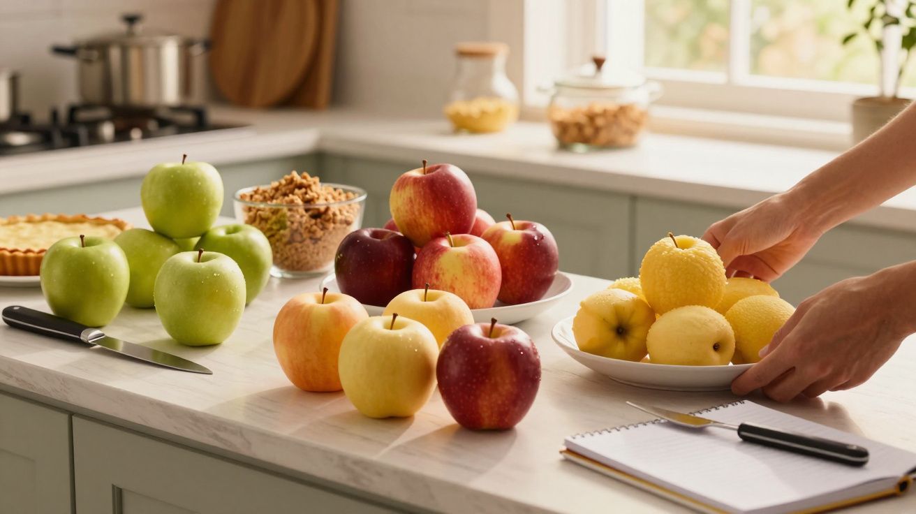Mesa de cozinha com maçãs, limões, faca, bloco de notas e uma mão a segurar um prato.