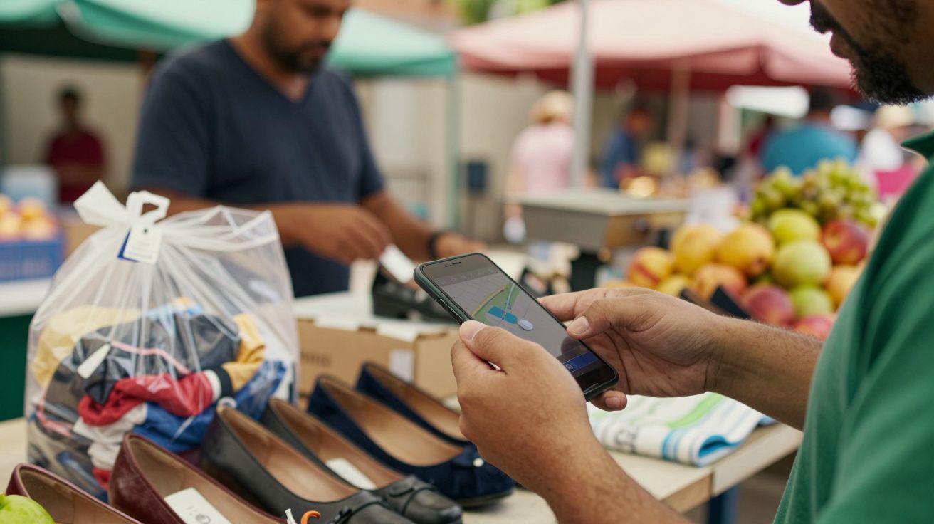 Pessoa segura um telemóvel numa feira, com sapatos, frutas e uma bolsa de compras sobre a banca.
