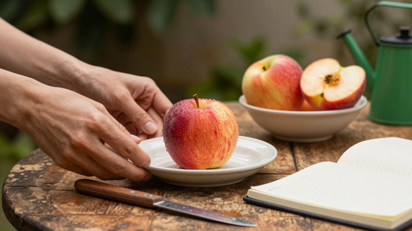 Mãos colocando maçã vermelha num prato, com maçãs cortadas, faca, caderno e regador verde sobre a mesa de madeira.