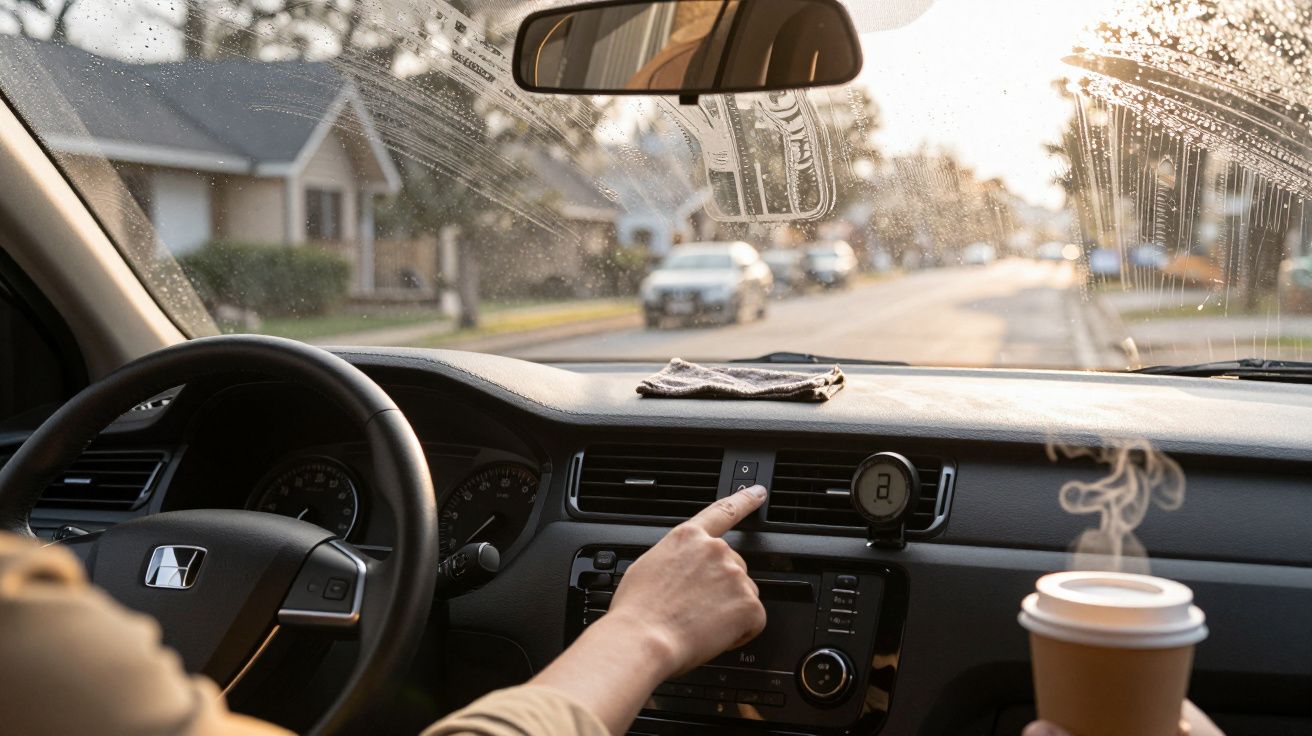Condutor numa carrinha ajusta o rádio enquanto segura um café, com casas visíveis através do para-brisas molhado.
