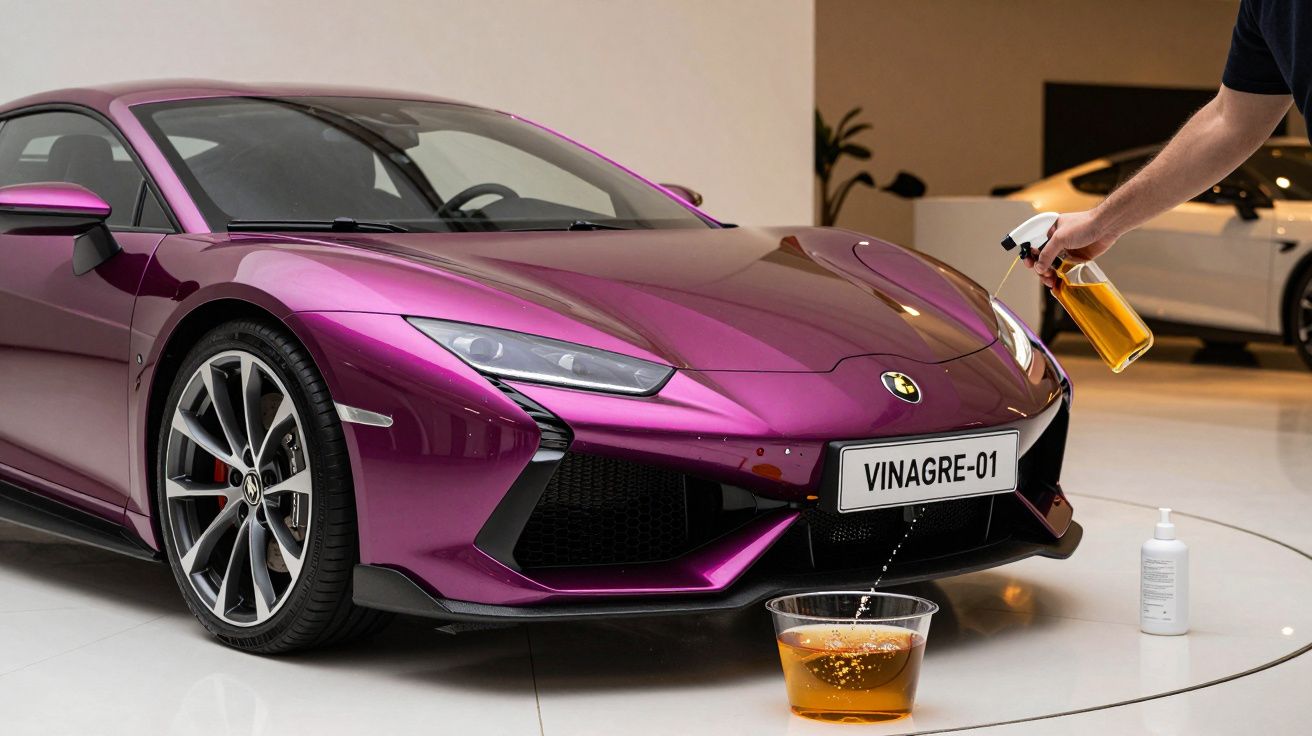 Carro desportivo roxo brilhante com placa "VINAGRE-01", recipiente e spray de líquido âmbar.