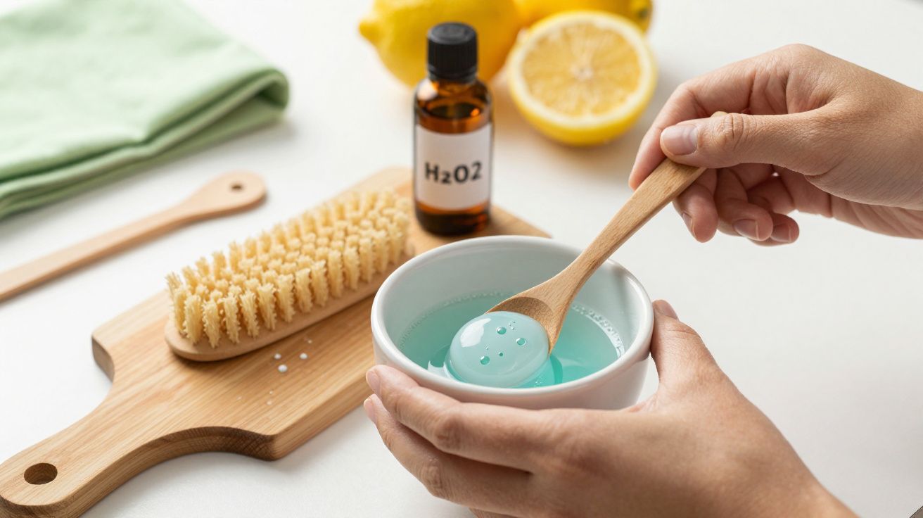 Mãos segurando uma colher de madeira com líquido azul, escova, garrafa de H2O2 e limões no fundo.