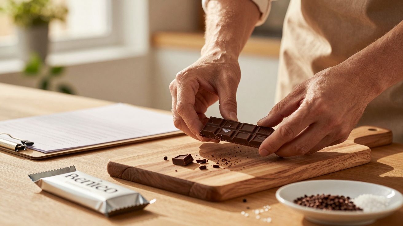 Pessoa a partir chocolate em tábua de madeira com tablete e ingredientes ao lado.