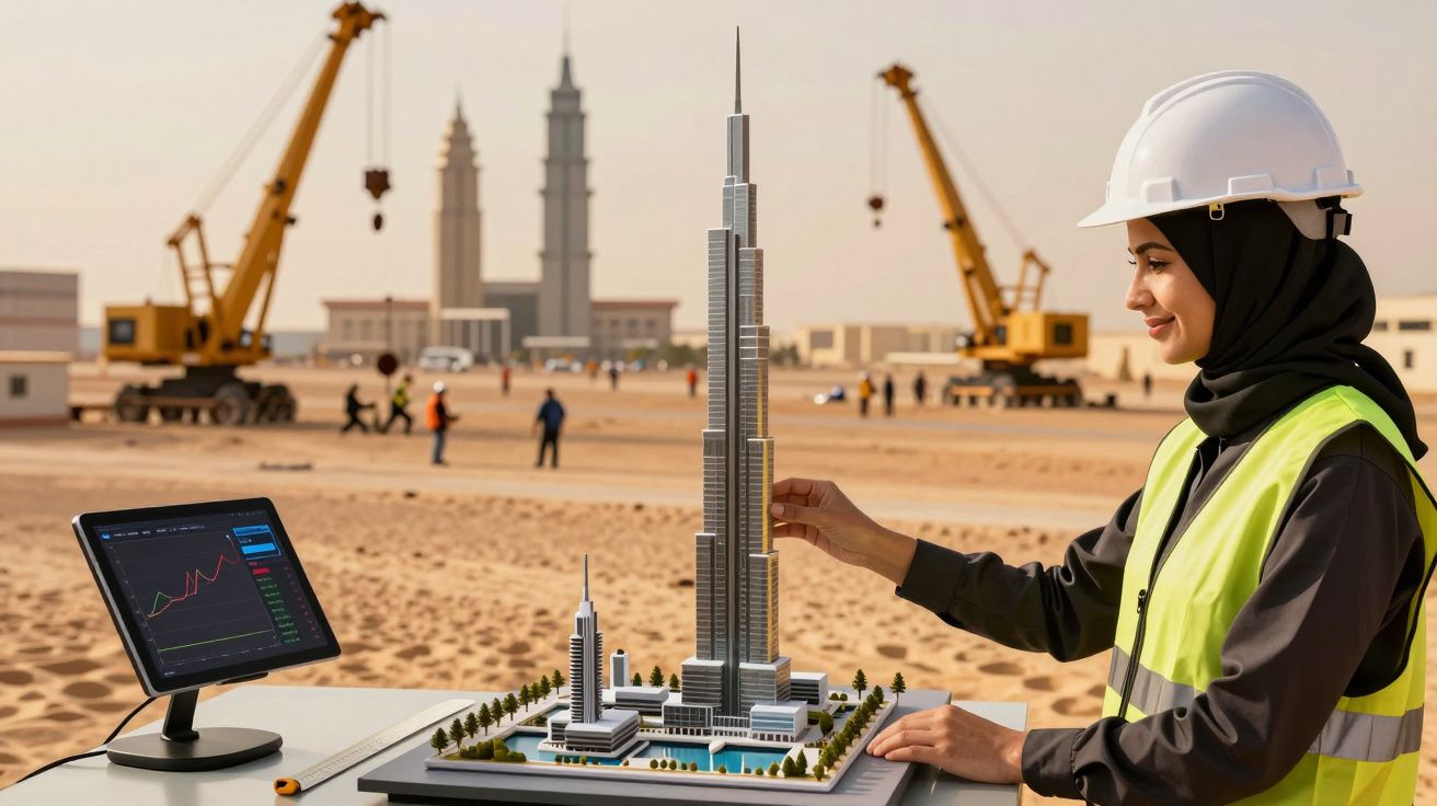Mulher de capacete observa maquete de edifício em local de construção no deserto, com guindastes e computador ao fundo.