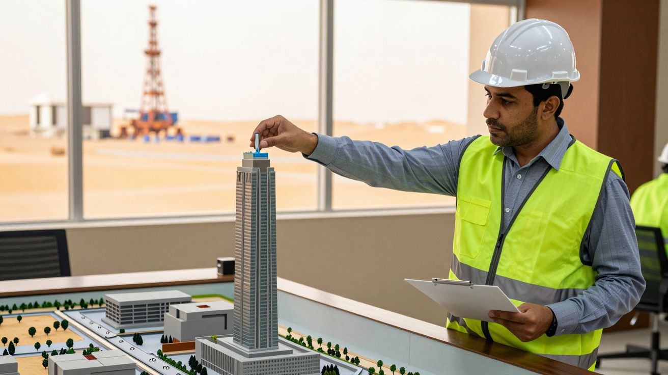 Engenheiro com capacete e colete examina maquete de edifício alto numa sala com janelas.