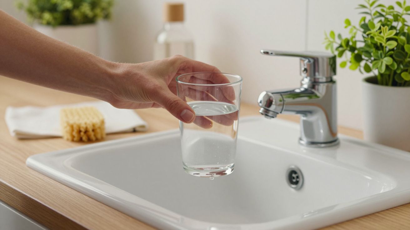 Mão segurando um copo de água em frente a um lava-loiça com torneira e planta verde ao fundo.