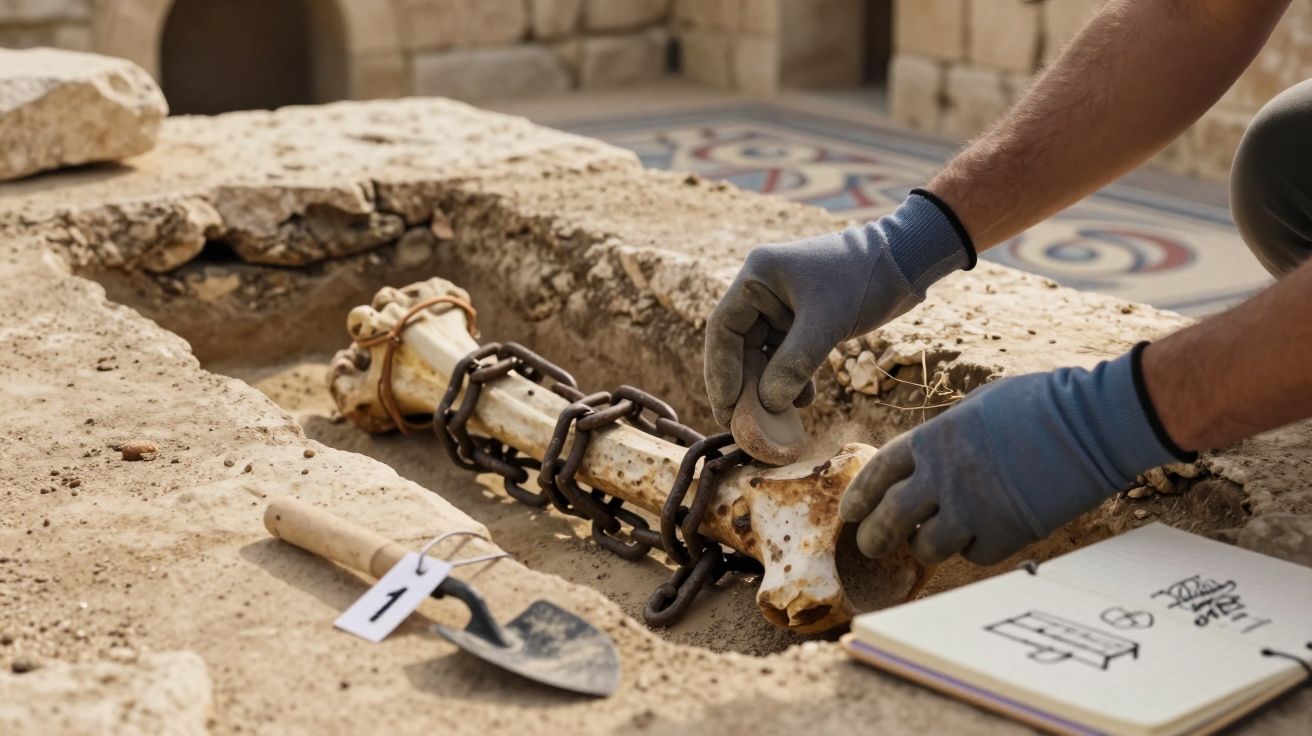 Arqueólogo examina ossos acorrentados numa escavação, ao lado de um bloco de notas e uma pá numerada.