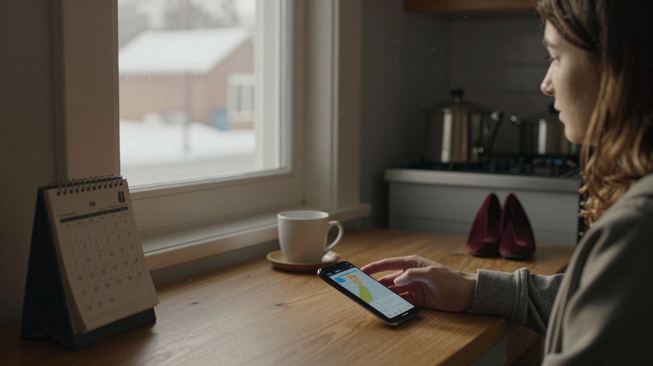 Mulher mexe em smartphone numa mesa com um calendário e uma chávena, com janela ao fundo.