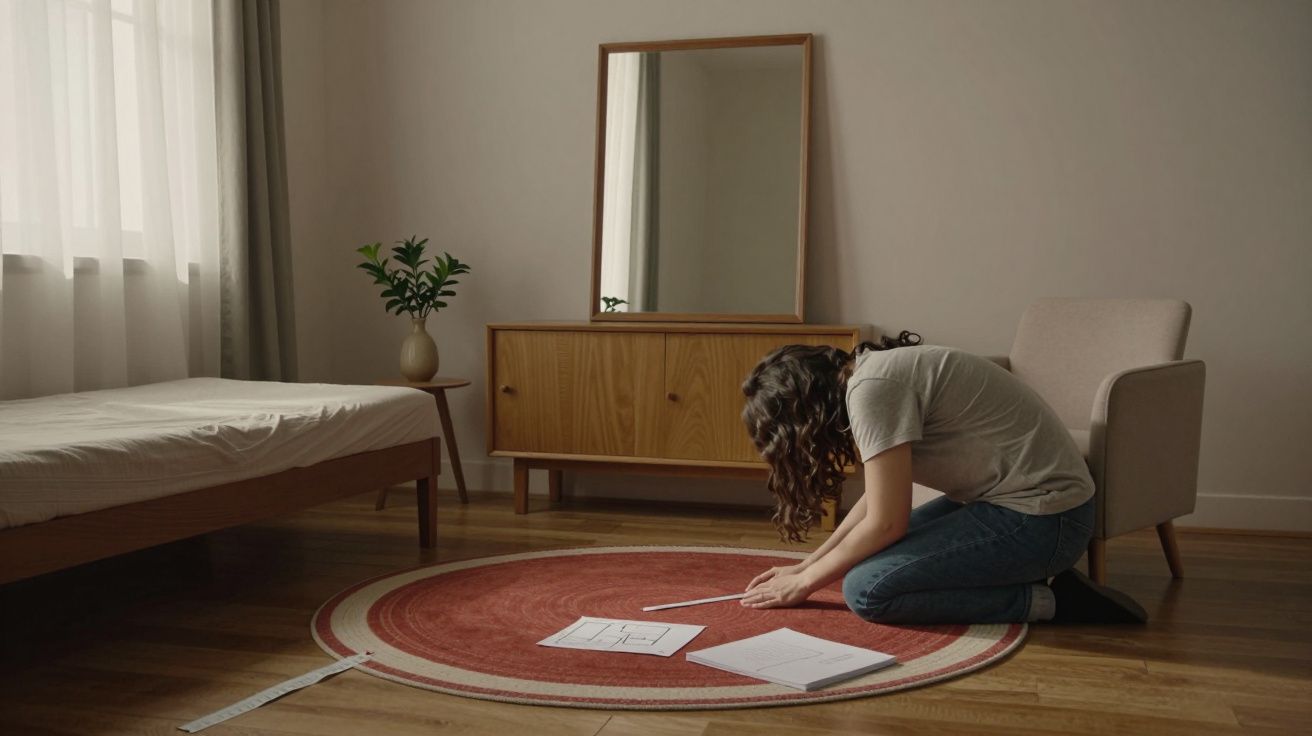 Mulher sentada no chão, inclinada sobre um tapete vermelho, com papéis e uma régua, ao lado de uma cama e cómoda.
