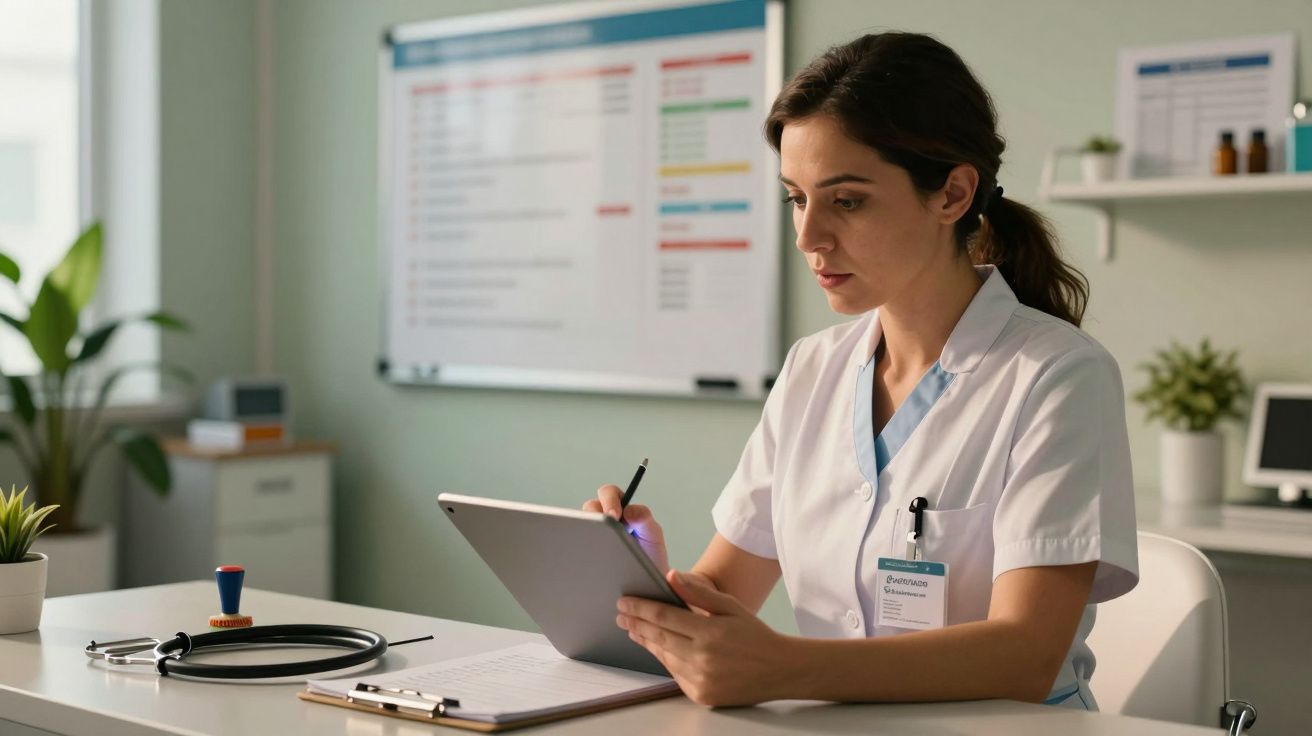 Profissional de saúde sentada à secretária a usar um tablet, com estetoscópio e documentos por perto.