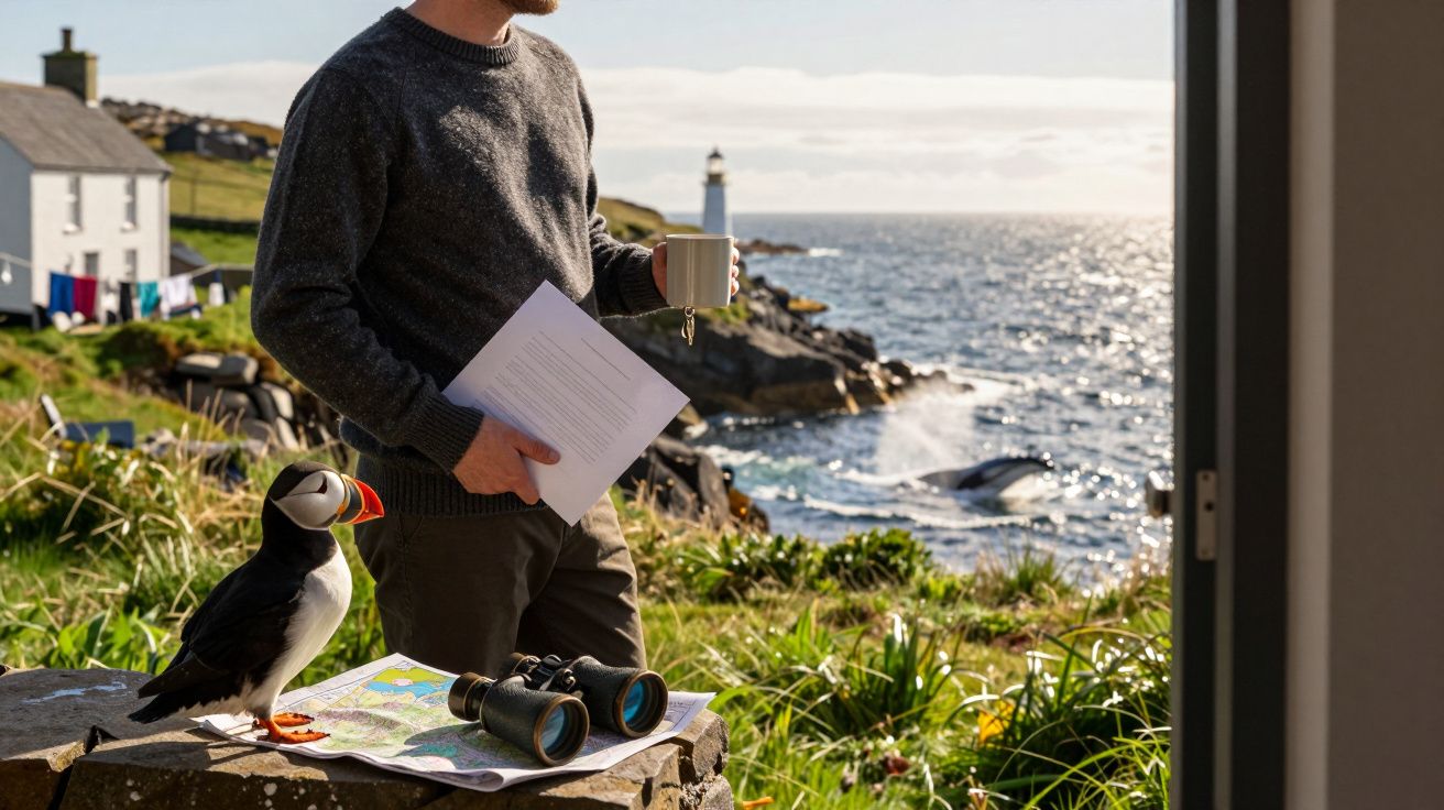 Homem com chávena e papéis ao lado de papagaio-do-mar, mapa e binóculos, vista para mar e farol ao fundo.