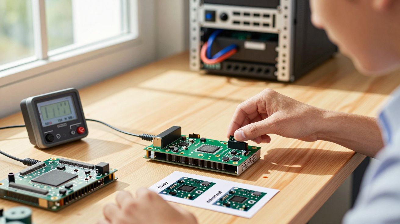 Pessoa a trabalhar com placas de circuito num laboratório, com ferramentas e um computador ao fundo.