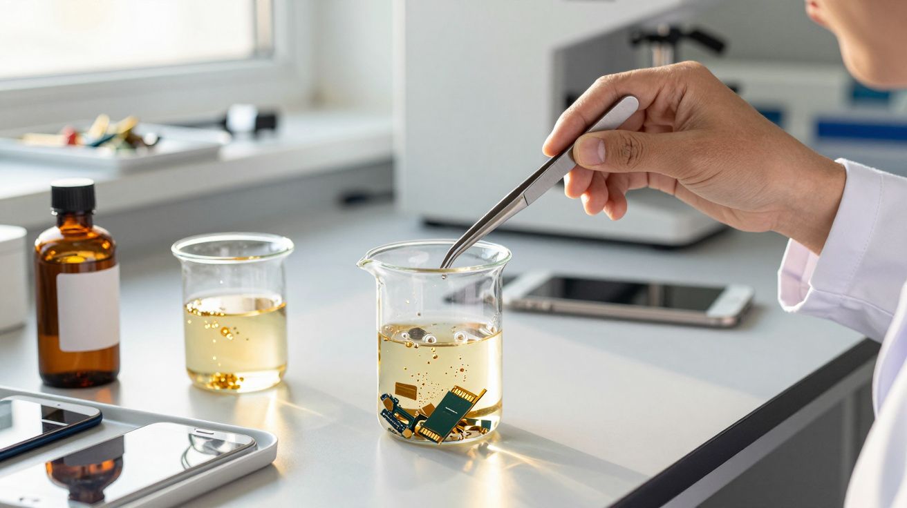 Mão segurando pinça coloca chip em béquer com líquido, numa bancada de laboratório.