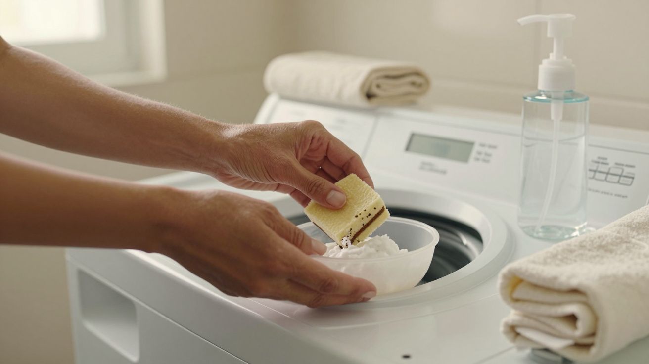 Mãos colocando pó de lavagem numa máquina de lavar com toalha e doseador de sabão ao lado.
