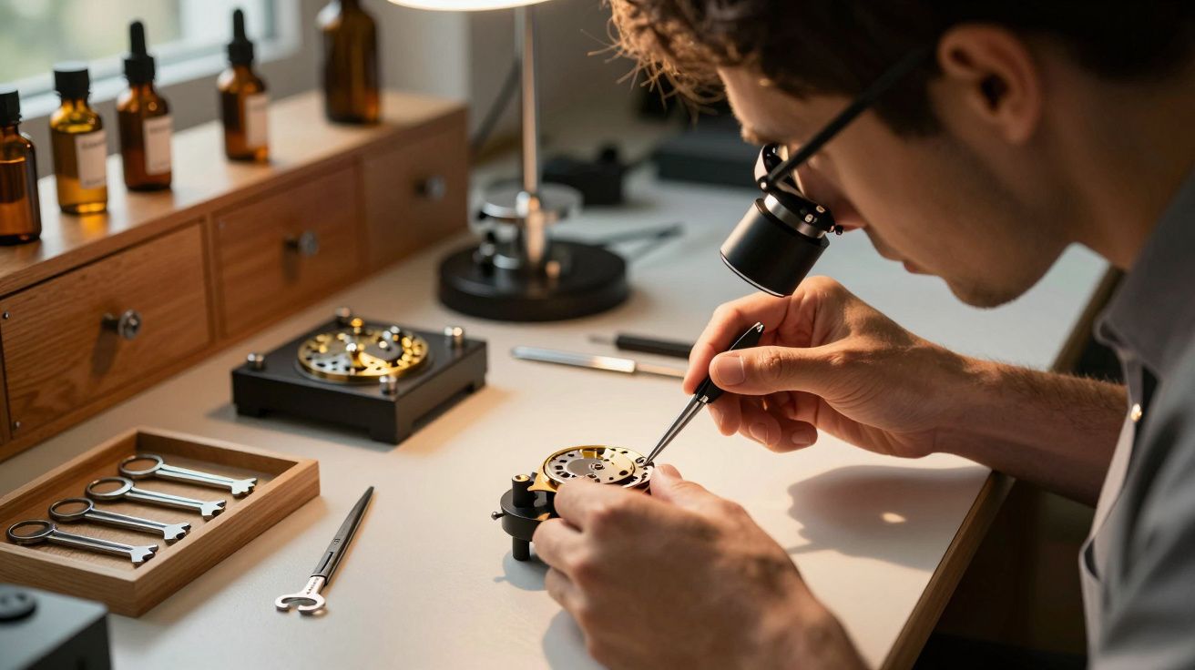 Homem ajusta mecanismo de relógio com lupa e pinça numa mesa de trabalho.