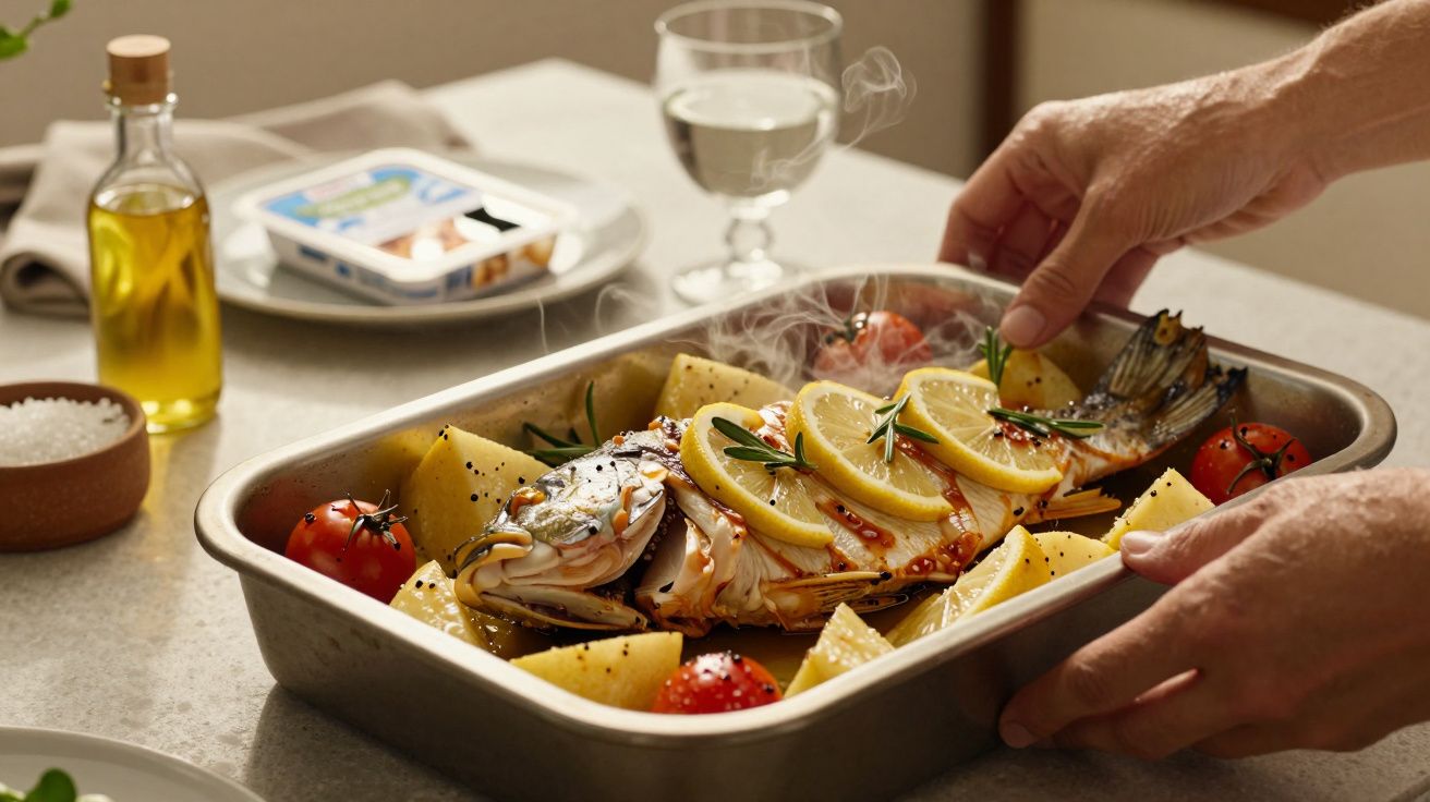 Pessoa segurando travessa com peixe assado, fatias de limão, batatas e tomates, acompanhada de azeite e água.