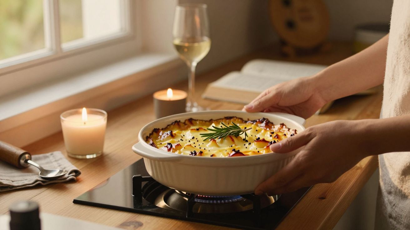 Pessoa a segurar um prato de forno com gratinado, ao lado de velas e copo de vinho, numa bancada de madeira.
