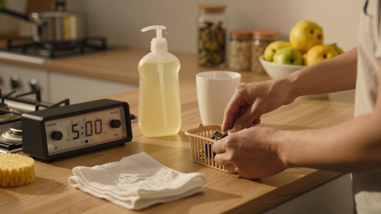 Mãos organizam cestos numa cozinha iluminada, com relógio, detergente, frutas e panos sobre a bancada.