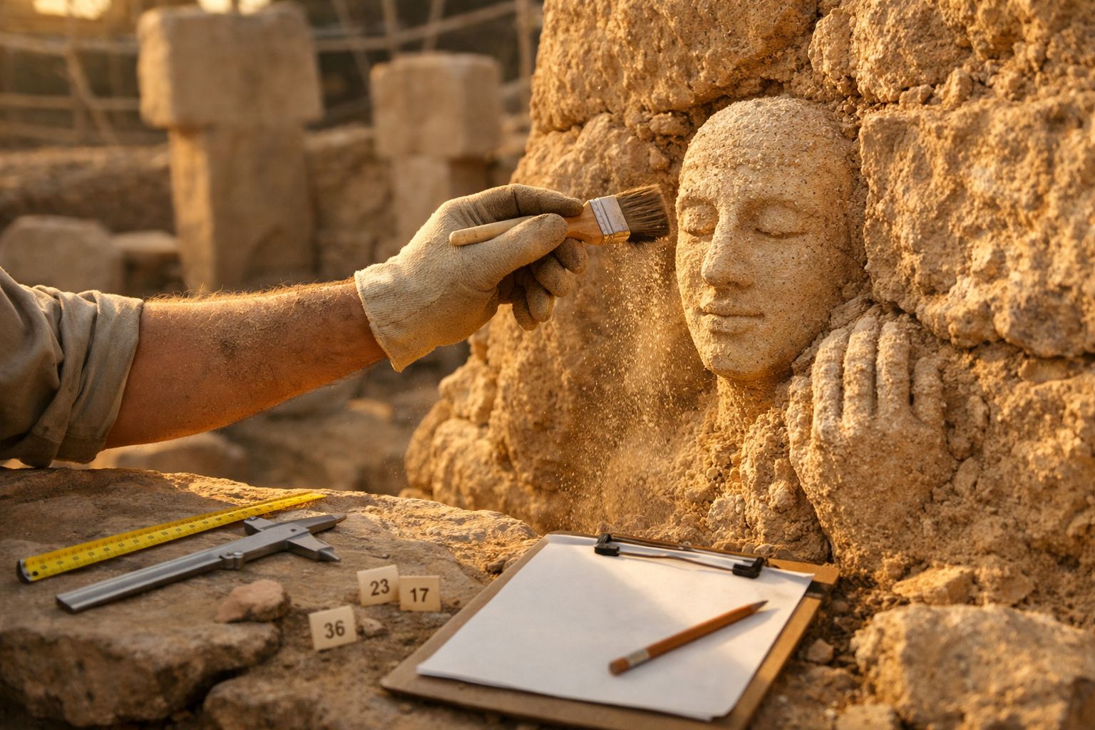 Pessoa pinta estátua antiga em pedra num museu ou local histórico, com caderno aberto e materiais de pintura ao lado.