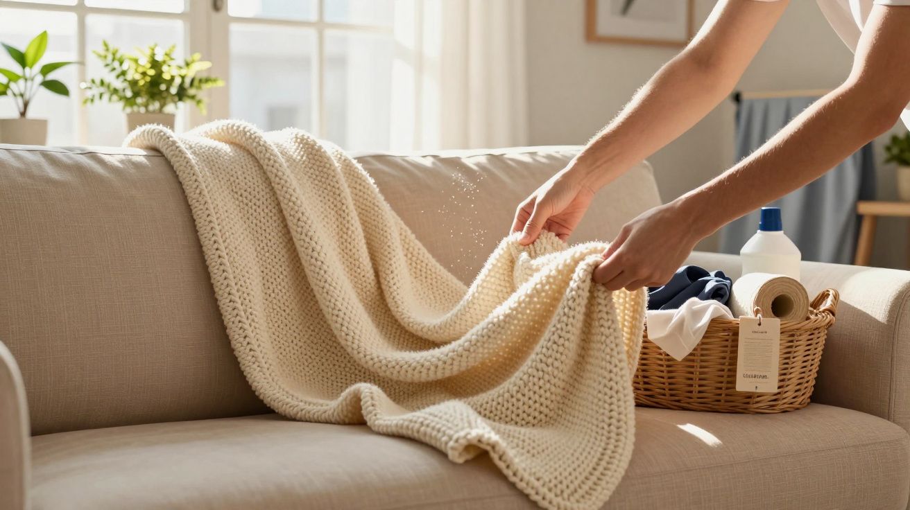 Pessoa a dobrar manta bege num sofá com cesto de roupas ao lado numa sala iluminada.