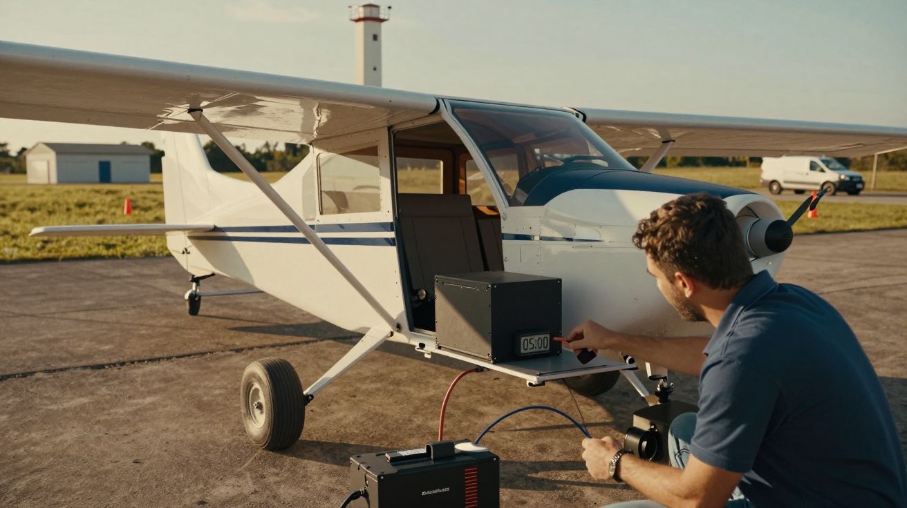 Homem a verificar equipamento de uma avioneta estacionada numa pista, com farol ao fundo.