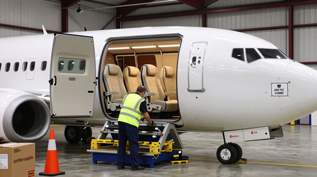 Trabalhador inspeciona assentos removíveis num avião de carga dentro de um hangar.