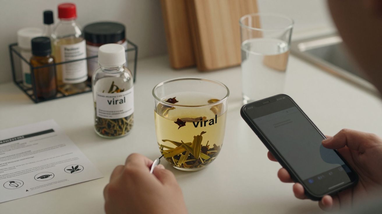 Pessoa segura smartphone ao lado de chá "viral" em copo de vidro com ervas e garrafa similar sobre a mesa.