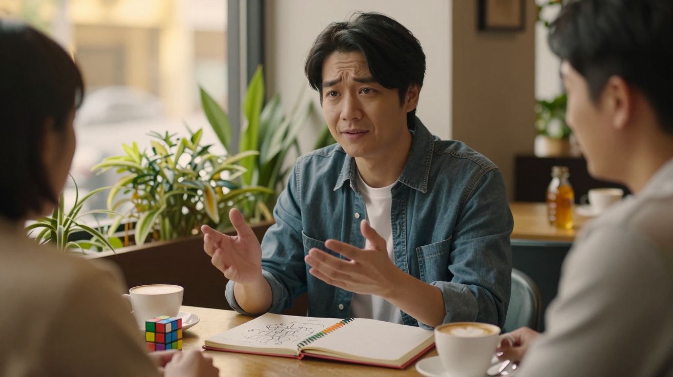 Homem gesticula enquanto fala para dois amigos numa cafetaria, com chávenas de café, plantas e cubo mágico na mesa.