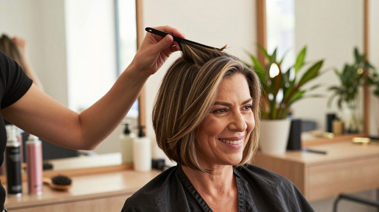 Mulher sorridente numa cadeira de cabeleireiro, enquanto uma cabeleireira penteia o cabelo dela.