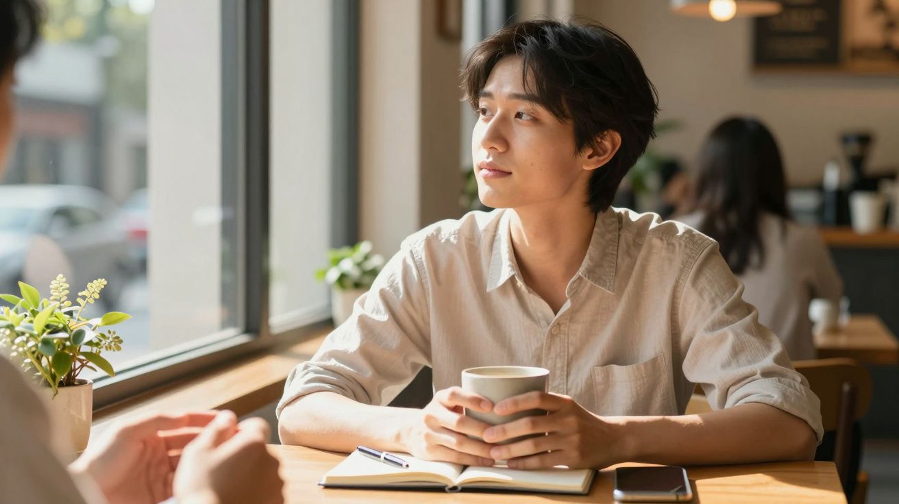 Jovem sentado em café, segurando uma chávena e olhando pela janela, com caderno aberto à frente.