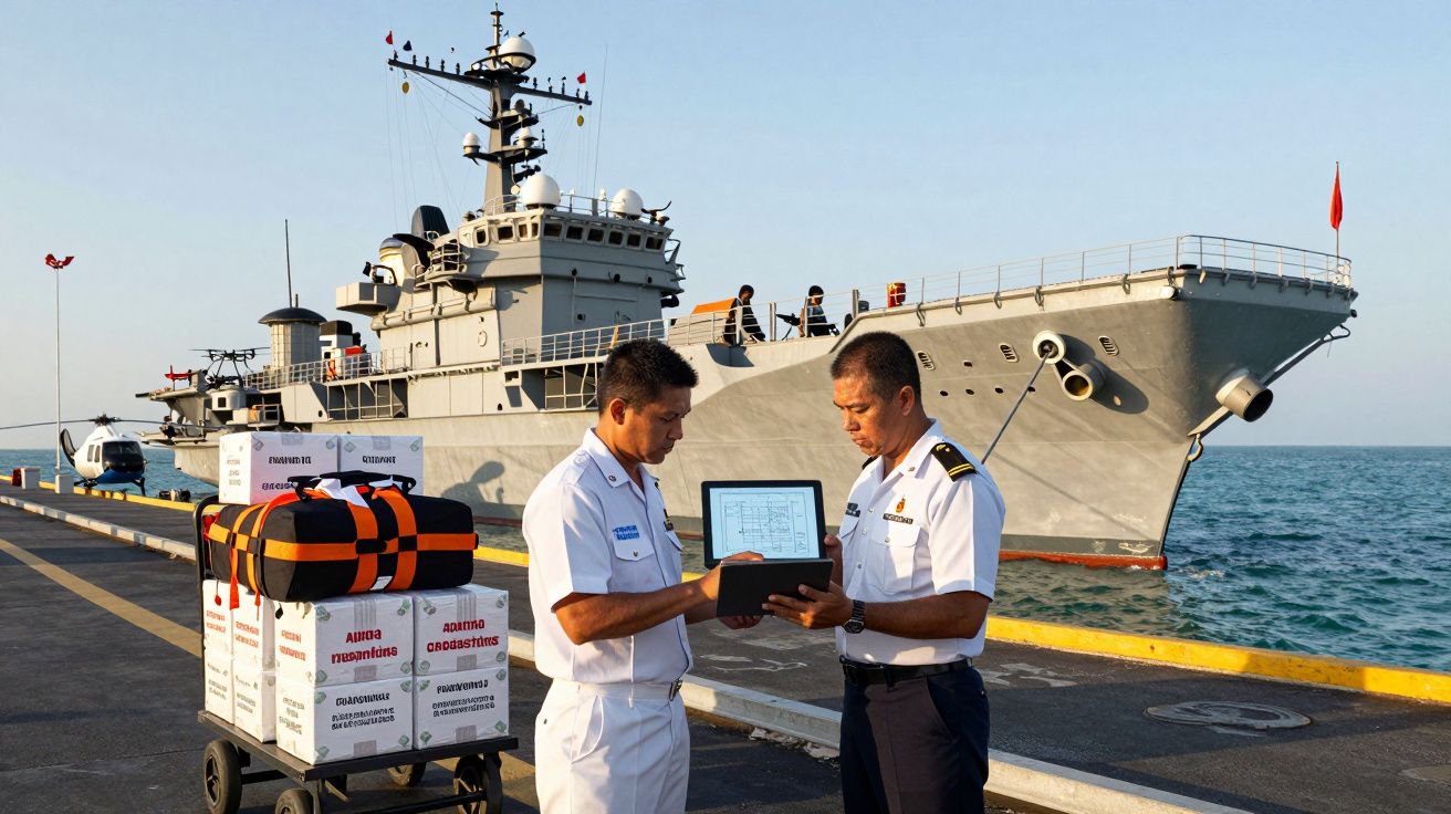Dois oficiais da marinha em pé no cais, em frente a um navio de guerra, discutindo algo num tablet.
