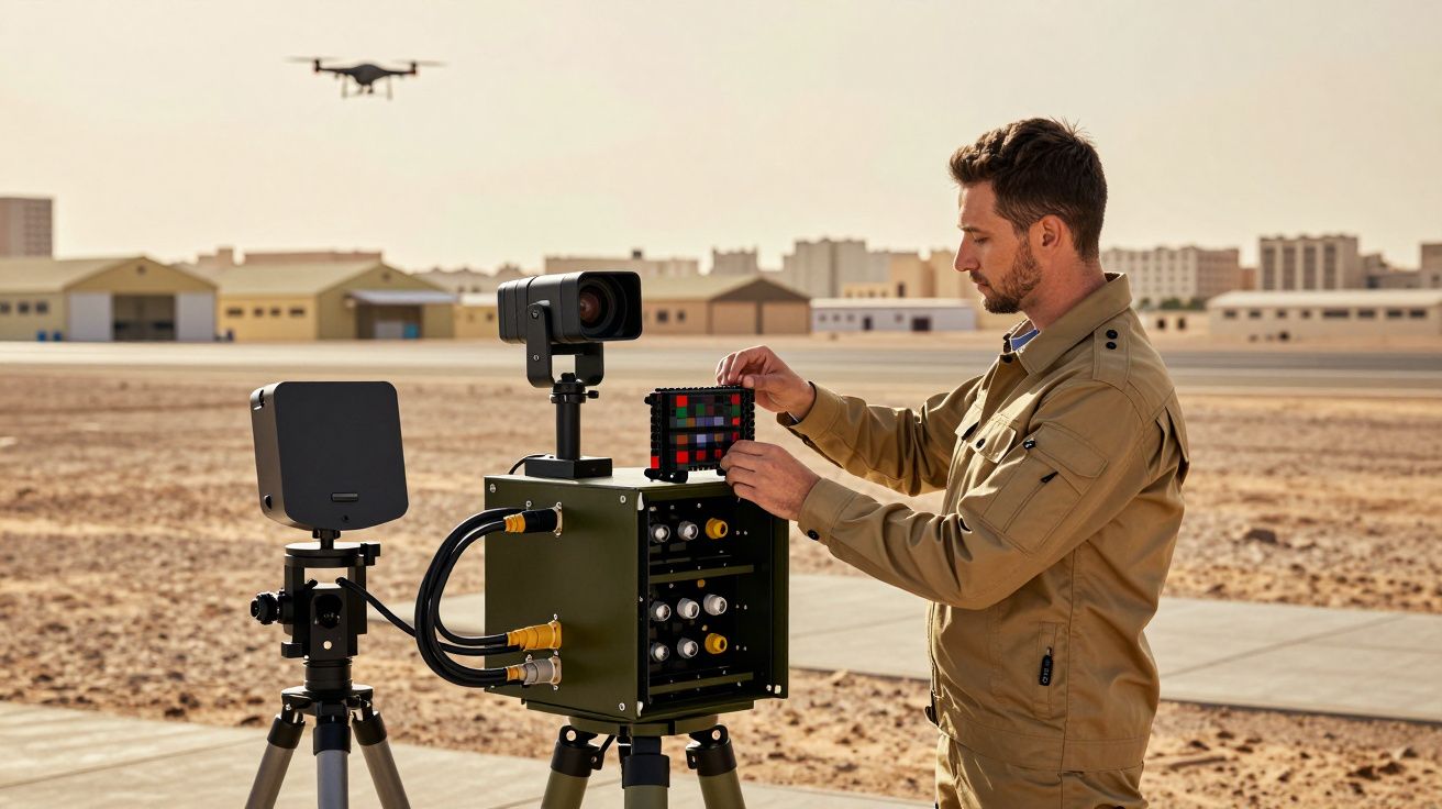Homem ajusta equipamento técnico no deserto, enquanto drone voa ao fundo.