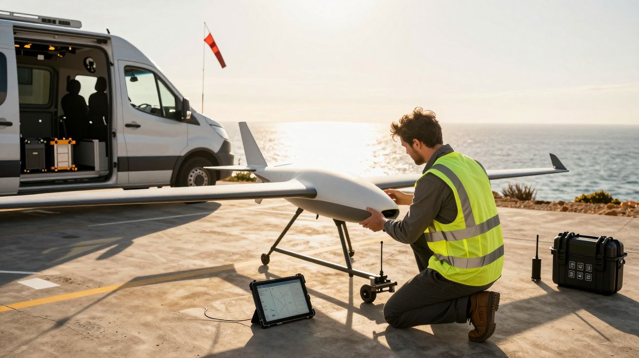 Homem em colete refletor ajusta drone à beira-mar, com carrinha aberta ao fundo e bandeira ao vento.