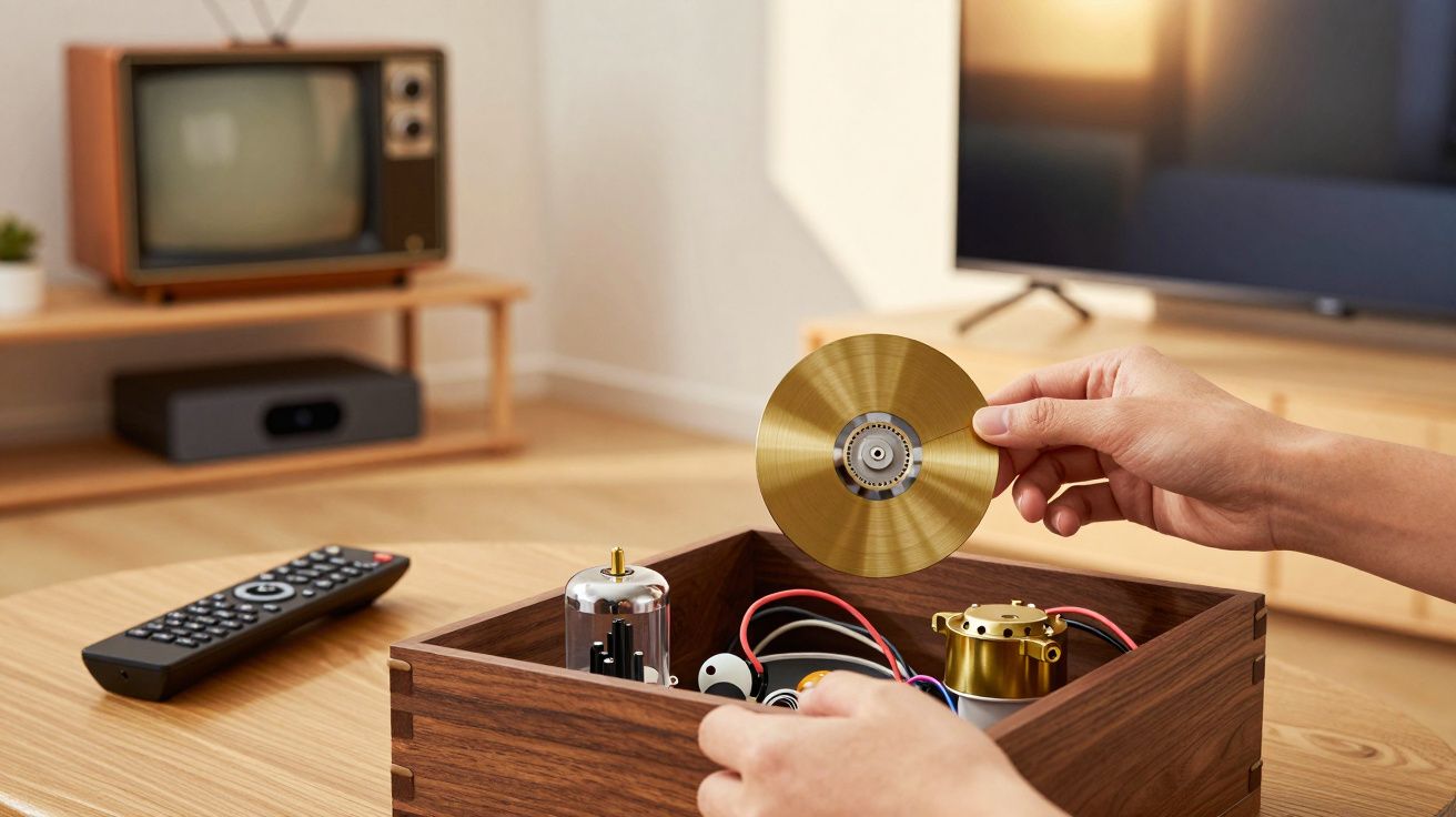 Pessoa monta dispositivo eletrónico numa caixa de madeira com componentes e disco dourado, numa sala com TV antiga ao fundo.
