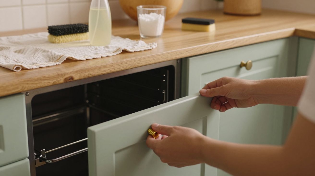Mãos a abrir porta de armário de cozinha com bancada de madeira e produtos de limpeza ao fundo.