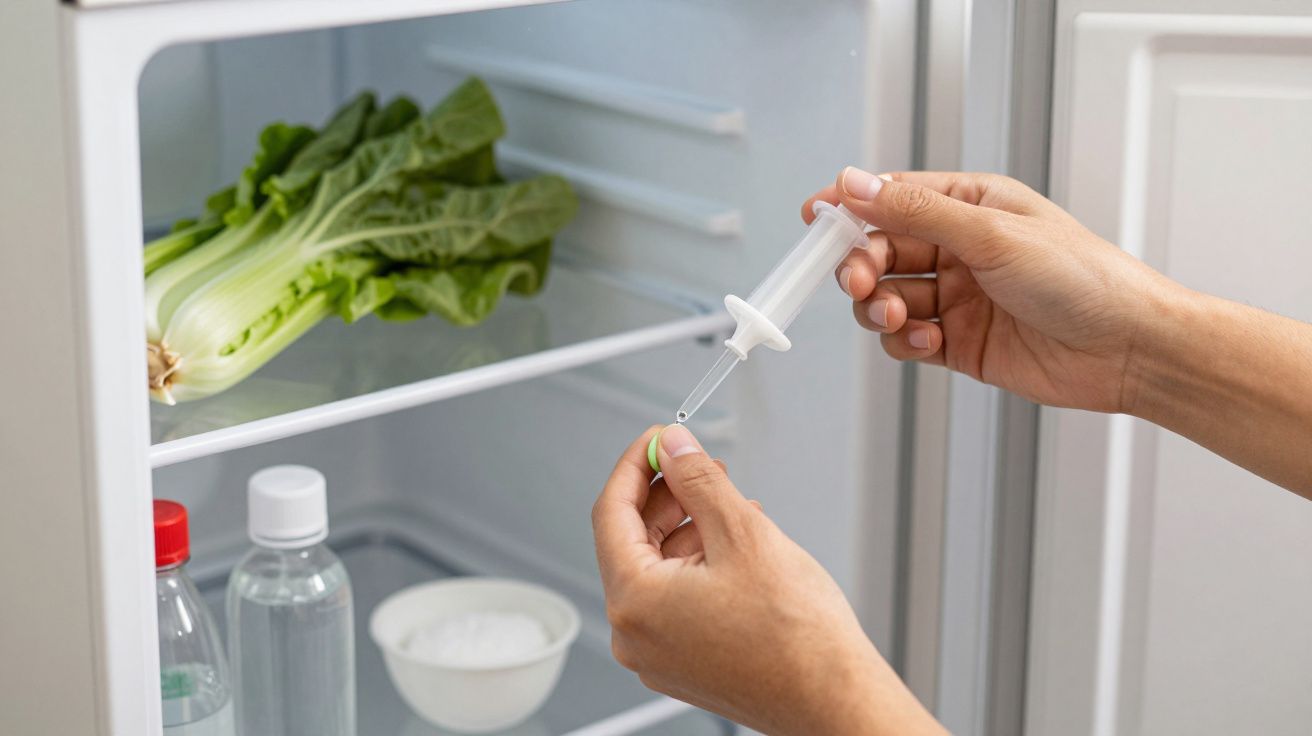 Mãos segurando uma seringa sobre um limão em frente a um frigorífico com vegetais e garrafas de água.