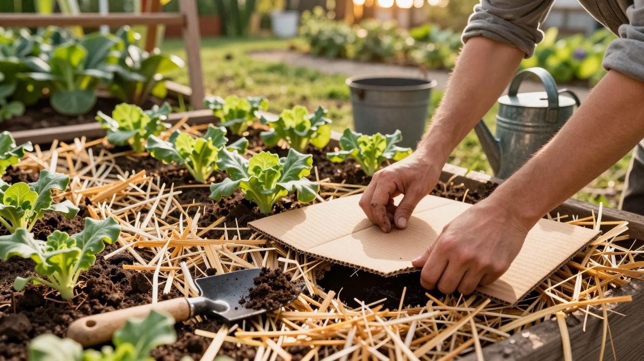 Mãos colocando cartão entre plantas jovens em horta, com palha ao redor e uma pequena pá de jardinagem no solo.