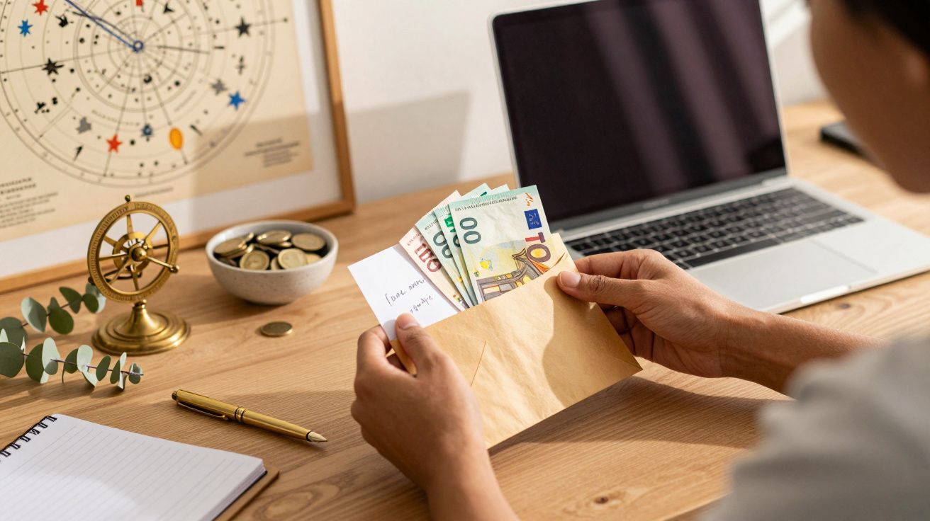 Pessoa segura envelope com notas de euro e lista, laptop e outros itens em mesa de madeira.