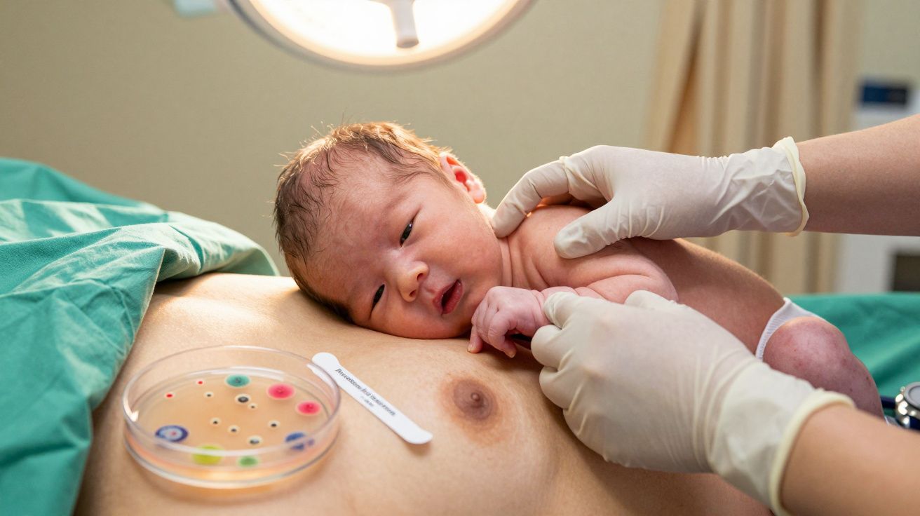 Recém-nascido sobre o peito da mãe numa sala de parto, segurado por mãos enluvadas com delicadeza sob luz de sala.