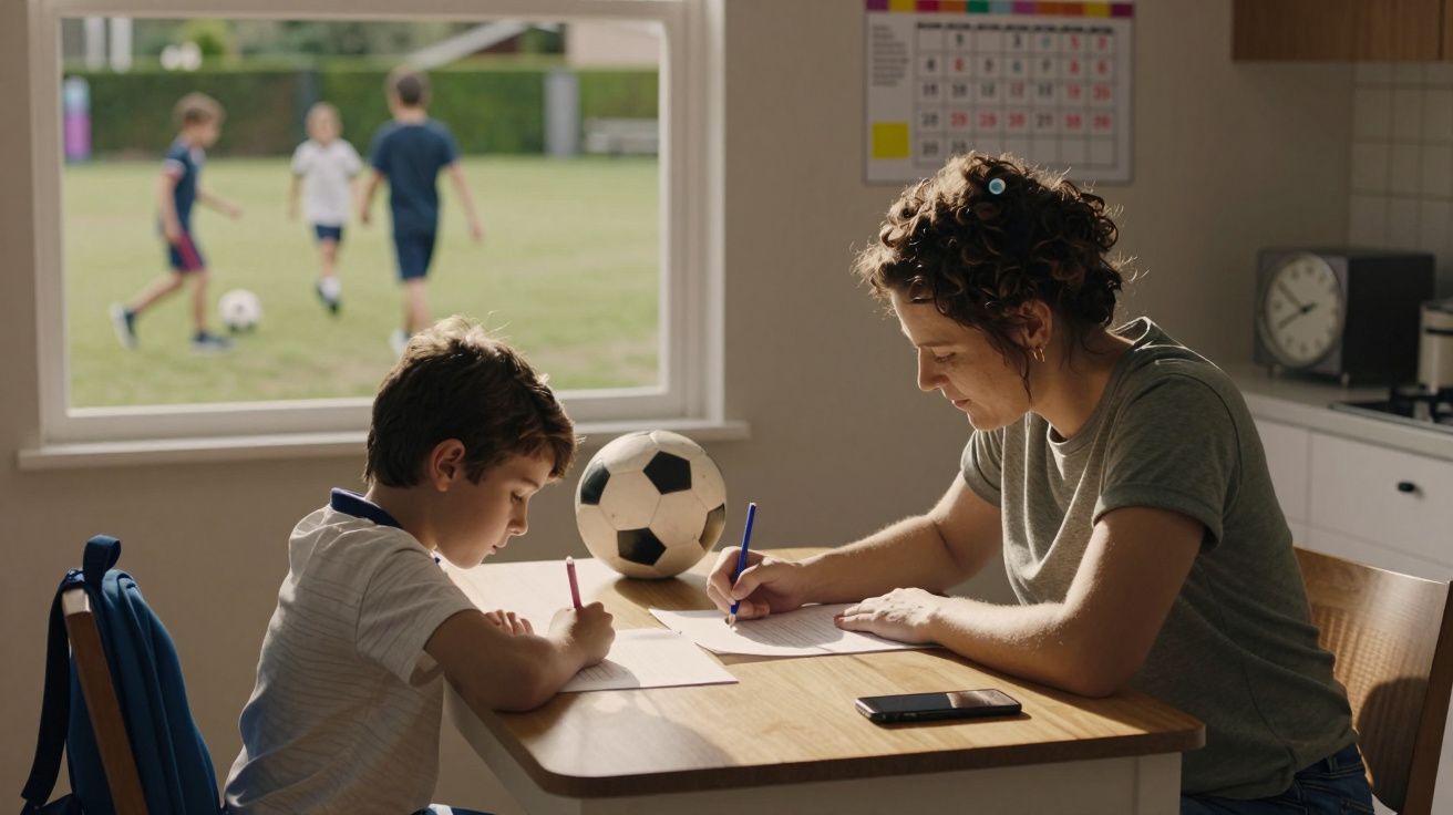 Rapaz faz trabalhos de casa na cozinha com mulher, enquanto outras crianças jogam futebol lá fora.