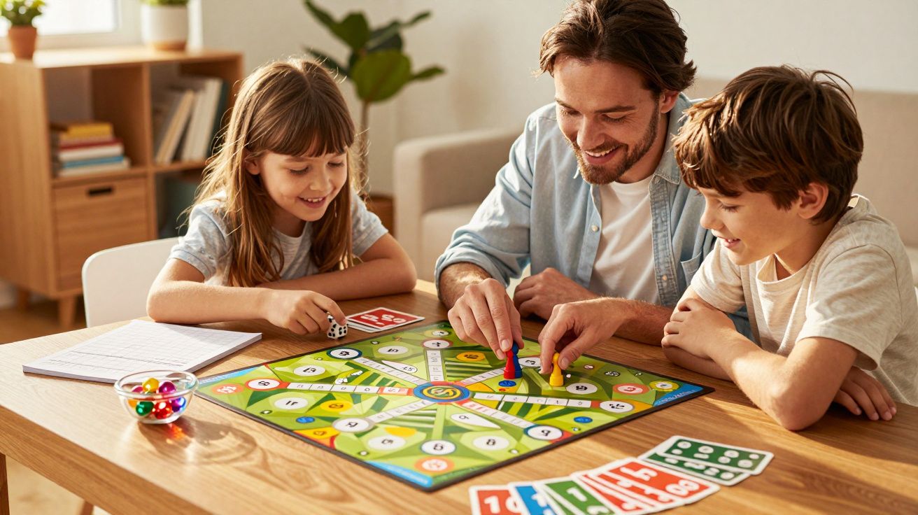 Pai e duas crianças jogam jogo de tabuleiro colorido numa sala de estar, sorrindo e divertindo-se juntos.