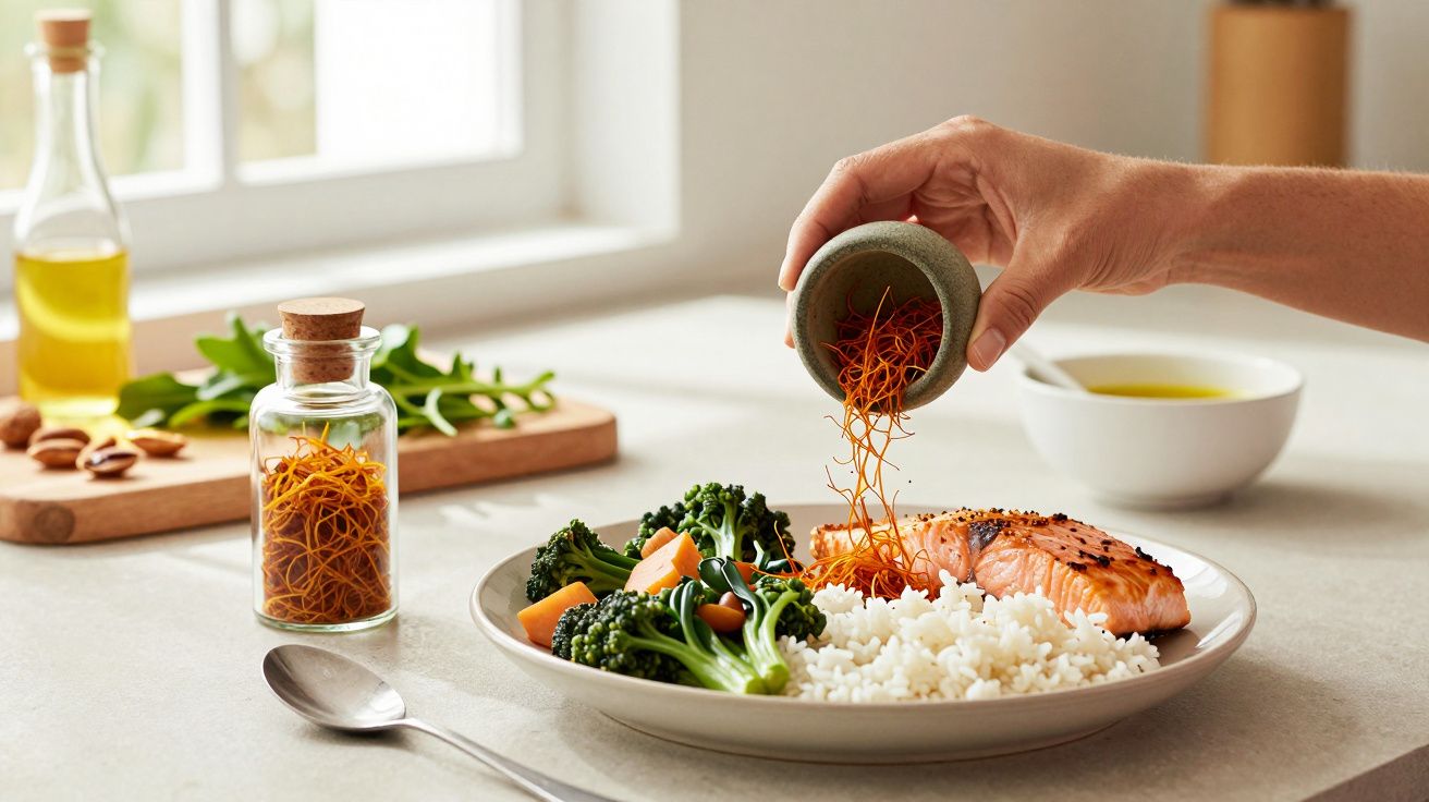 Mão adiciona especiarias a prato de arroz com salmão e brócolos, ao lado de azeite e ingredientes na mesa.