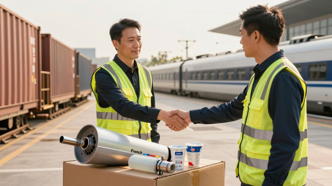 Dois homens com coletes refletores apertam as mãos junto a uma caixa, com um comboio ao fundo.