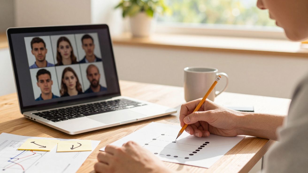 Pessoa em reunião virtual no portátil enquanto escreve numa folha com gráfico. Mesa com chávena e papéis.