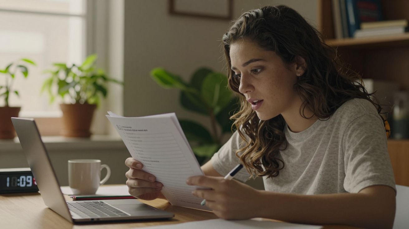 Mulher jovem estudando, sentada à mesa com portátil, papéis, chávena e plantas ao fundo.