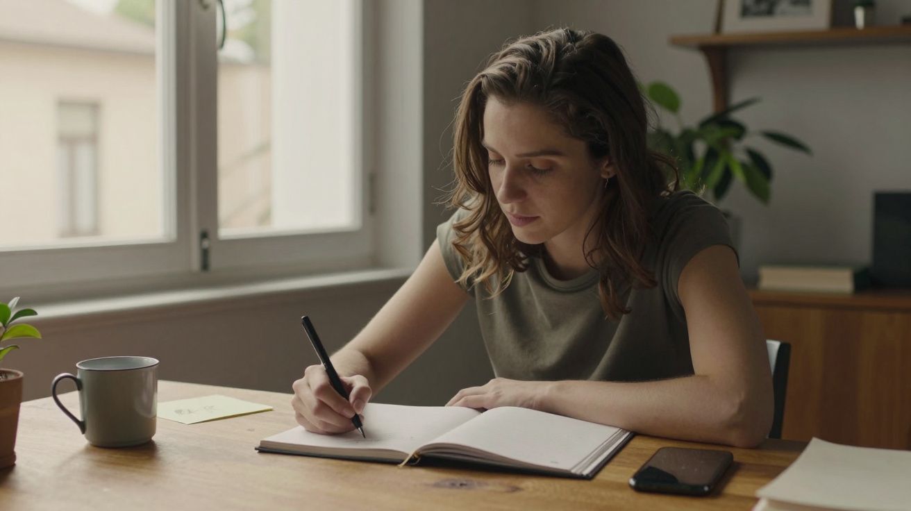 Mulher escreve num caderno numa mesa de madeira, com caneca, telemóvel e plantas ao redor.