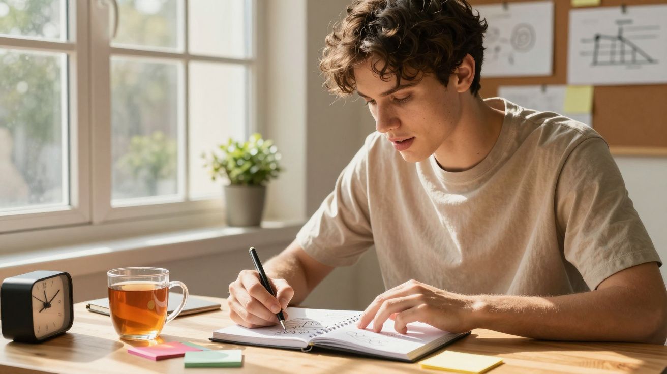 Jovem a estudar à mesa, escrevendo num caderno, com chá, relógio e notas coloridas ao lado, perto de uma janela.
